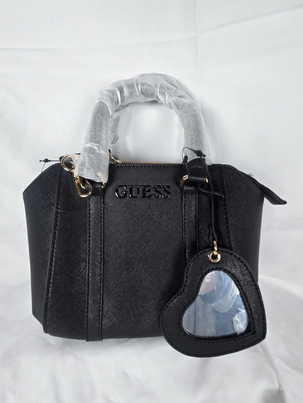 NWOT GUESS Black Saffiano Satchel / Crossbody Bag with Heart Charm